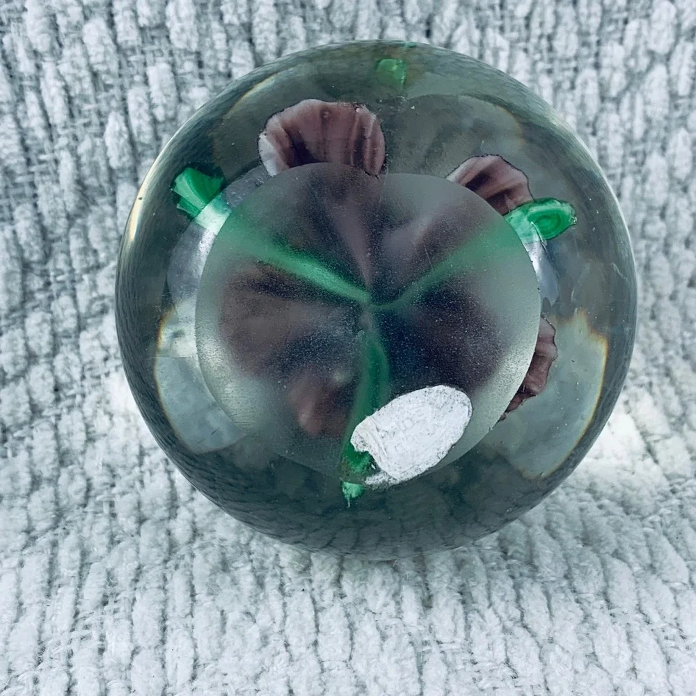 Vintage Glass Art Paperweight Encased Purple Iris Rose‎ Flower Floral Green Stem - Picture 6 of 8